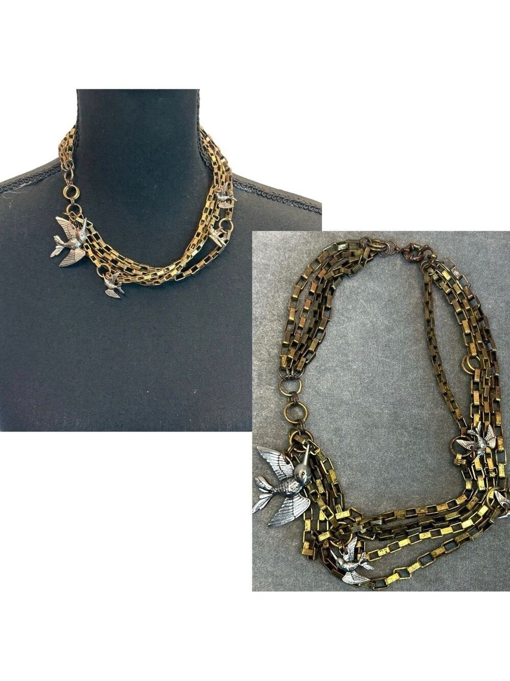 Brass toned, multi layered chain-link Hummingbird charm necklace